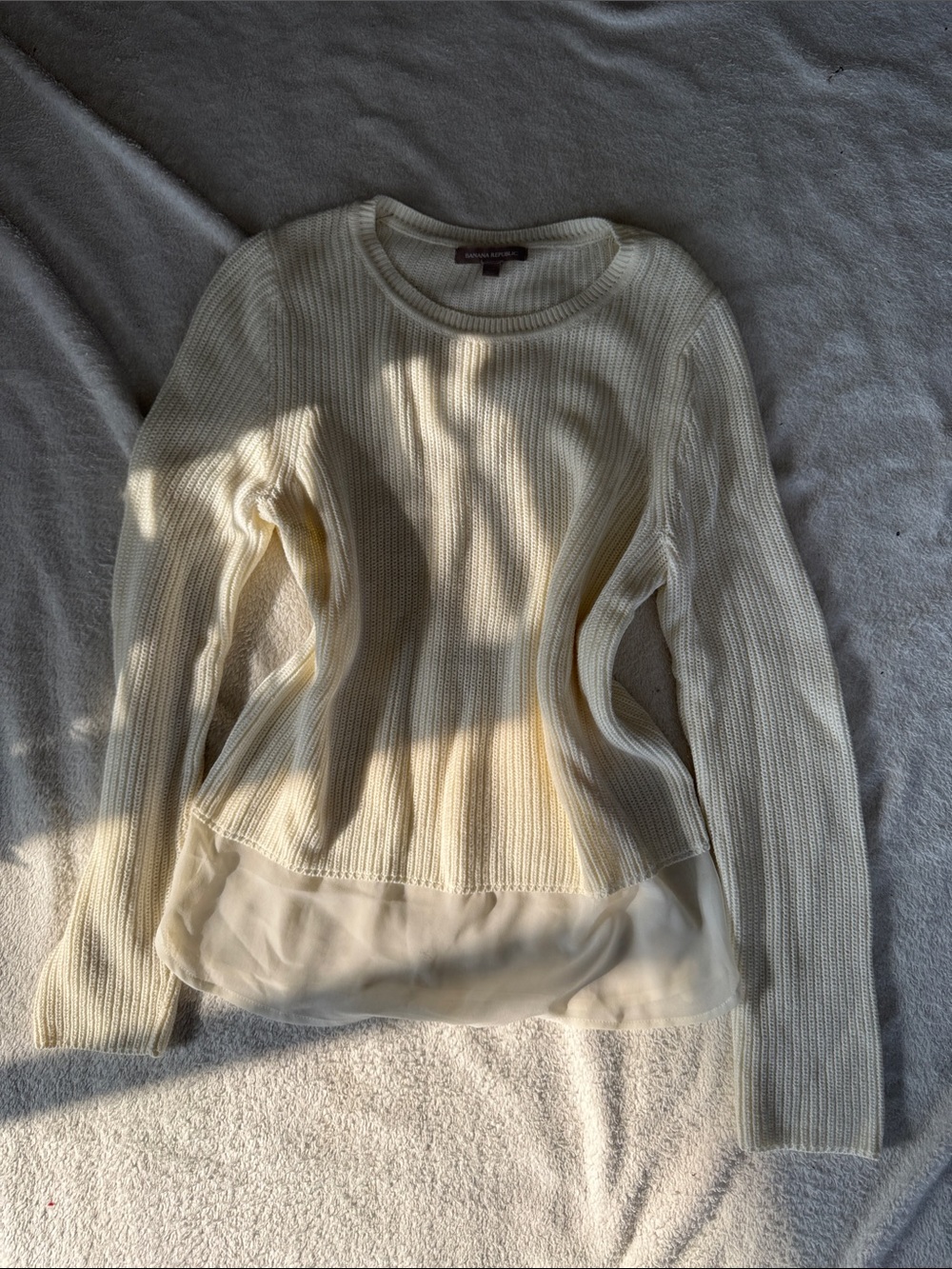 Banana Republic Cream Ribbed Crewneck Sweater with Chiffon Hem